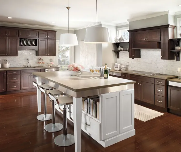 dark_cherry_cabinets_with_large_white_kitchen_island Cabinet | Gillenwater Flooring